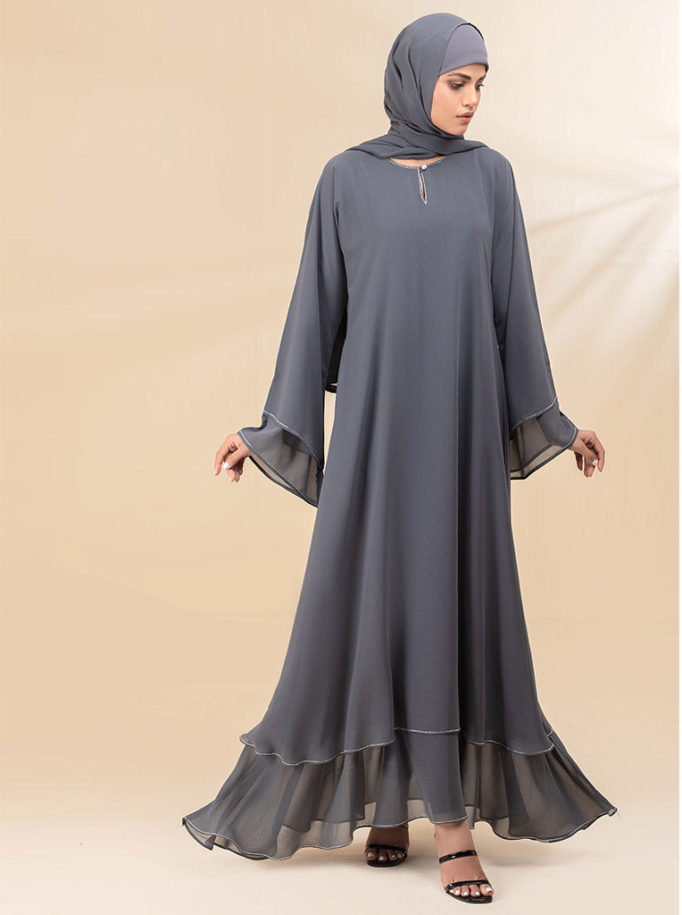 Amani's Black Chiffon Layered Embellished Open Abaya - Elegant