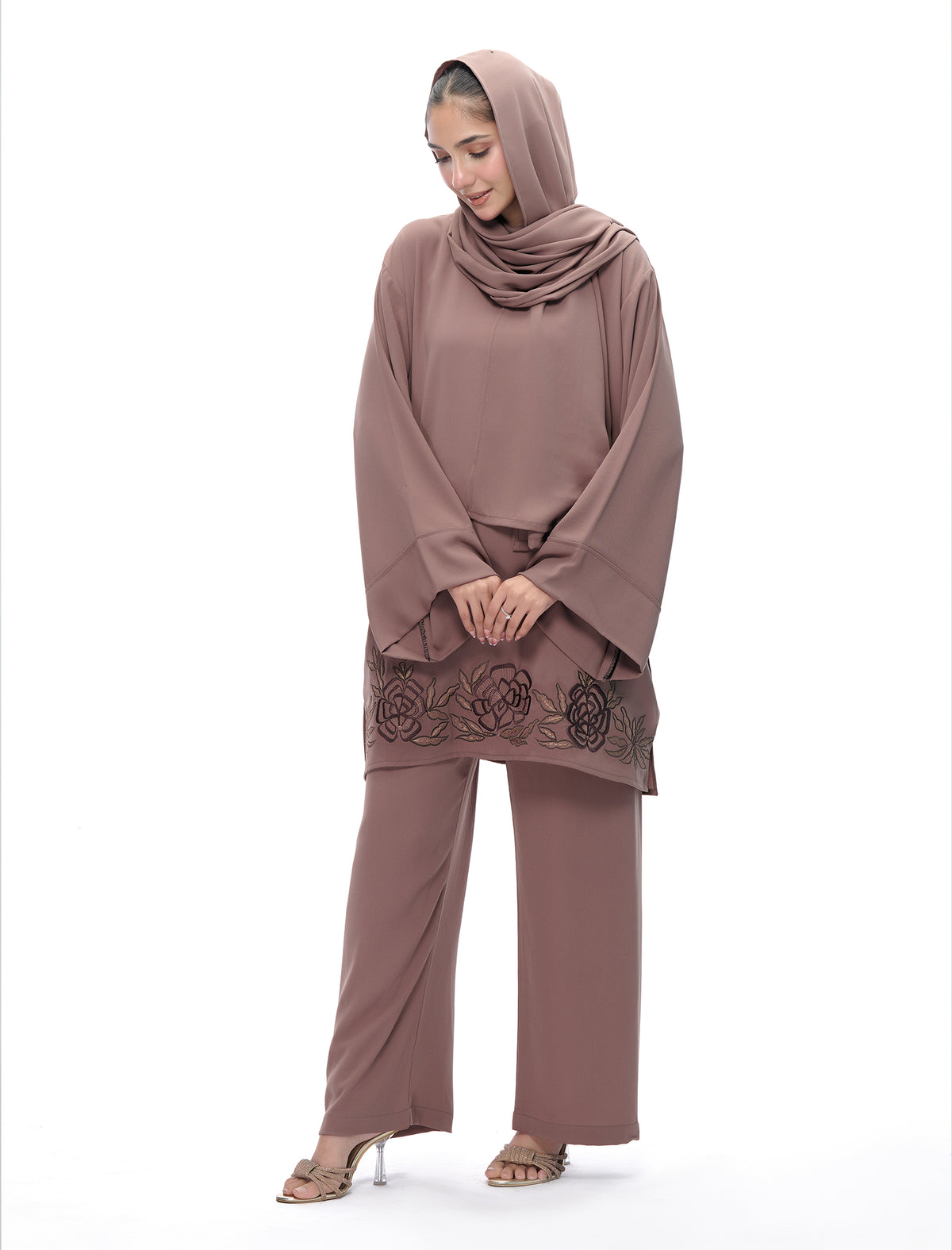 EMBROIDERED CO-ORD SET - COCOA - SALE