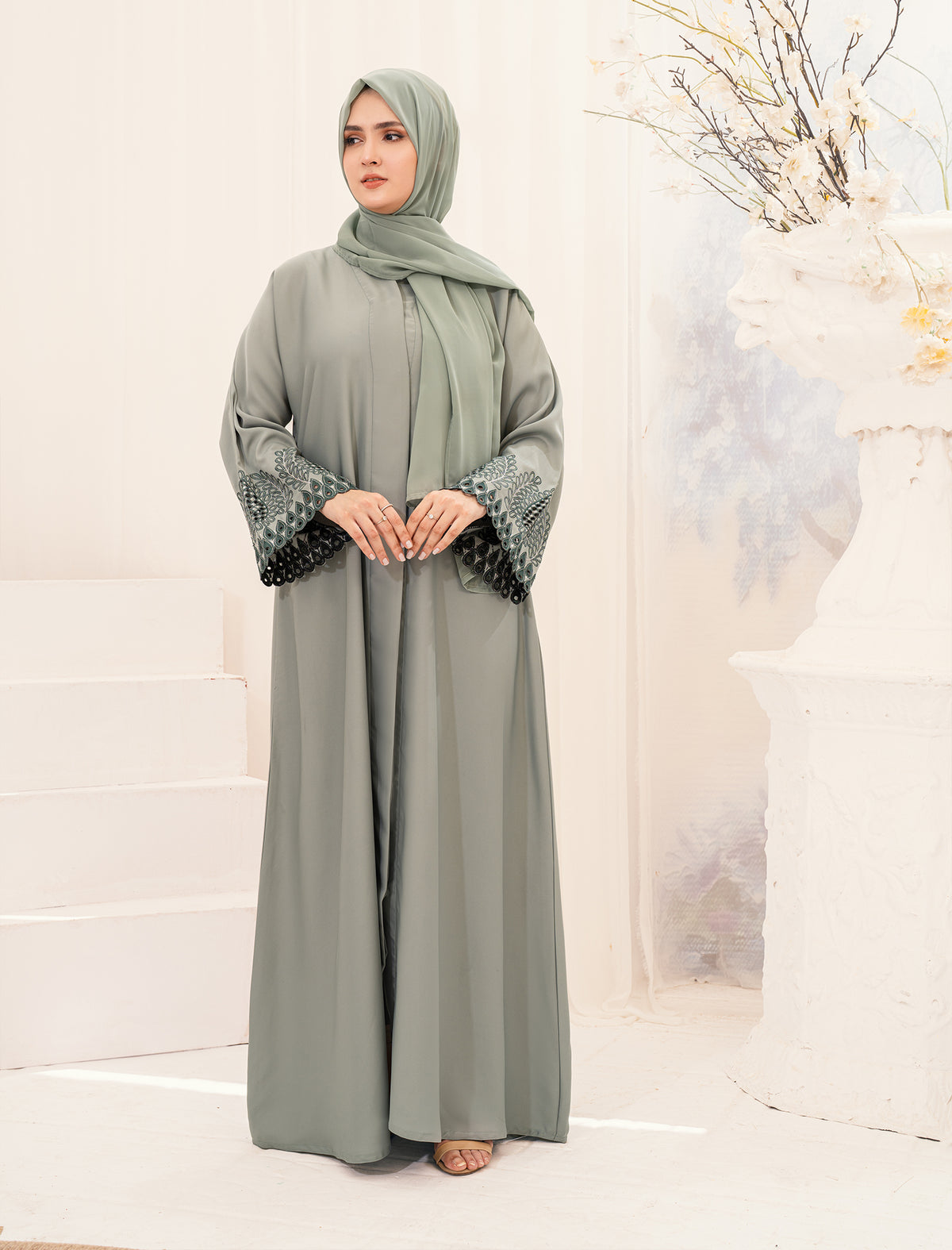 HAREER EMBROIDERED ABAYA - LIGHT GREEN