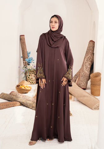 Jawhara Embellished Abaya - Chocolate Brown