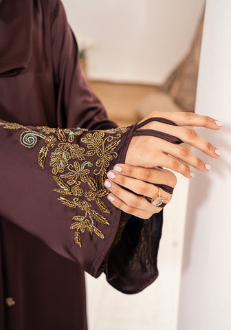 Jawhara Embellished Abaya - Chocolate Brown