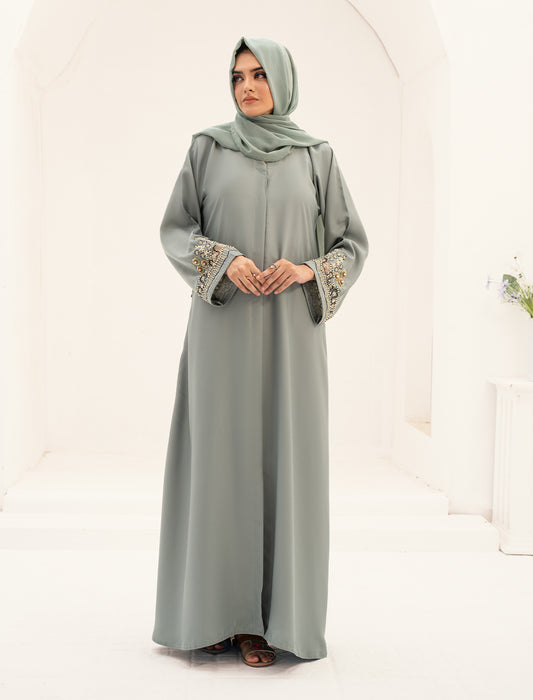 NAKHLA EMBELLISHED ABAYA- LIGHT GREEN