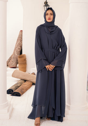 Samrah Front Open Abaya- Charcoal