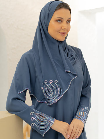 Zafira Embellished Abaya-Stone Blue